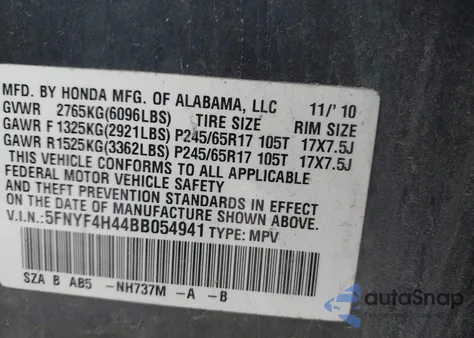 2011 Honda Pilot Ex из США, поврежденный, VIN 5FNYF4H44BB054941